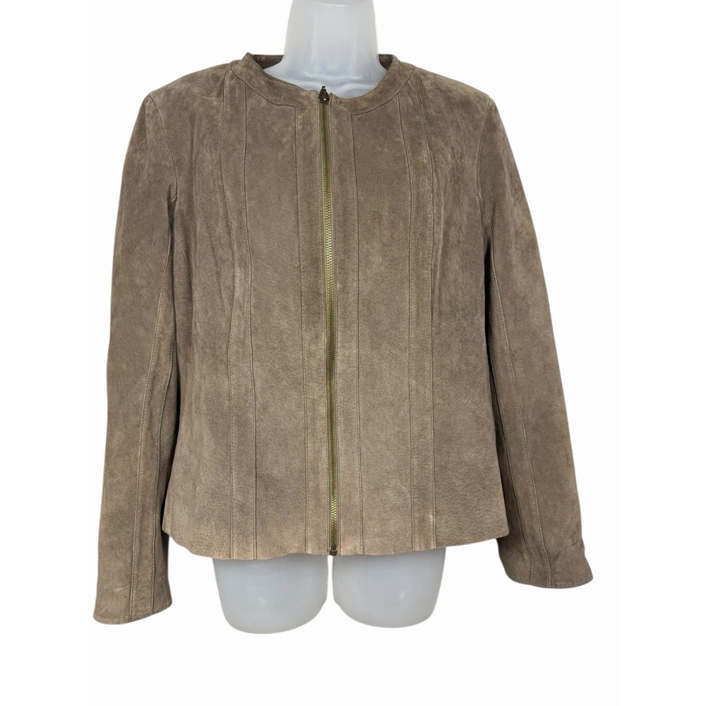 Jones Wear Womens XL Suede Leather Jacket Taupe Brown Minimalist Zip‎ Front City